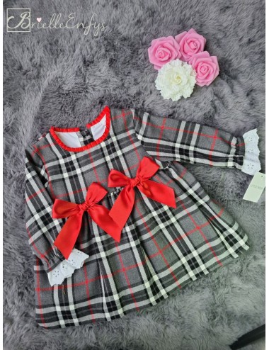 *SALE* Beautiful Kinder Baby Girl Red Tartan Dress with Bows Anglaise Trim Lace 