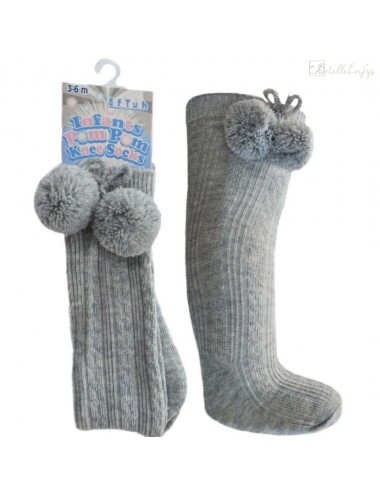 Knee High Socks With Poms Grey
